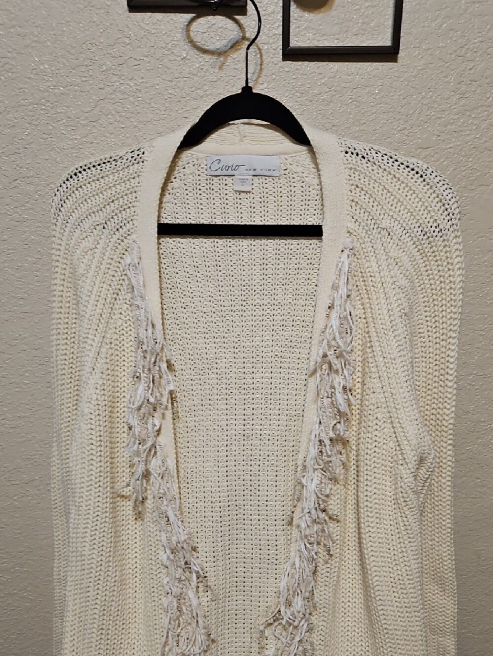 Curios Open-Front Fringe Knit Cardigan in Light Cream - Picture 2 of 10